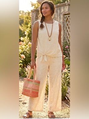 Women’s Cream Eyelet Wide-Leg Jumpsuit